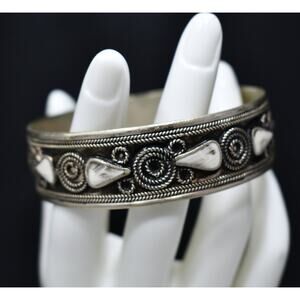 Vintage Silver Tone Wide Bangle, White Enamel, 1970s